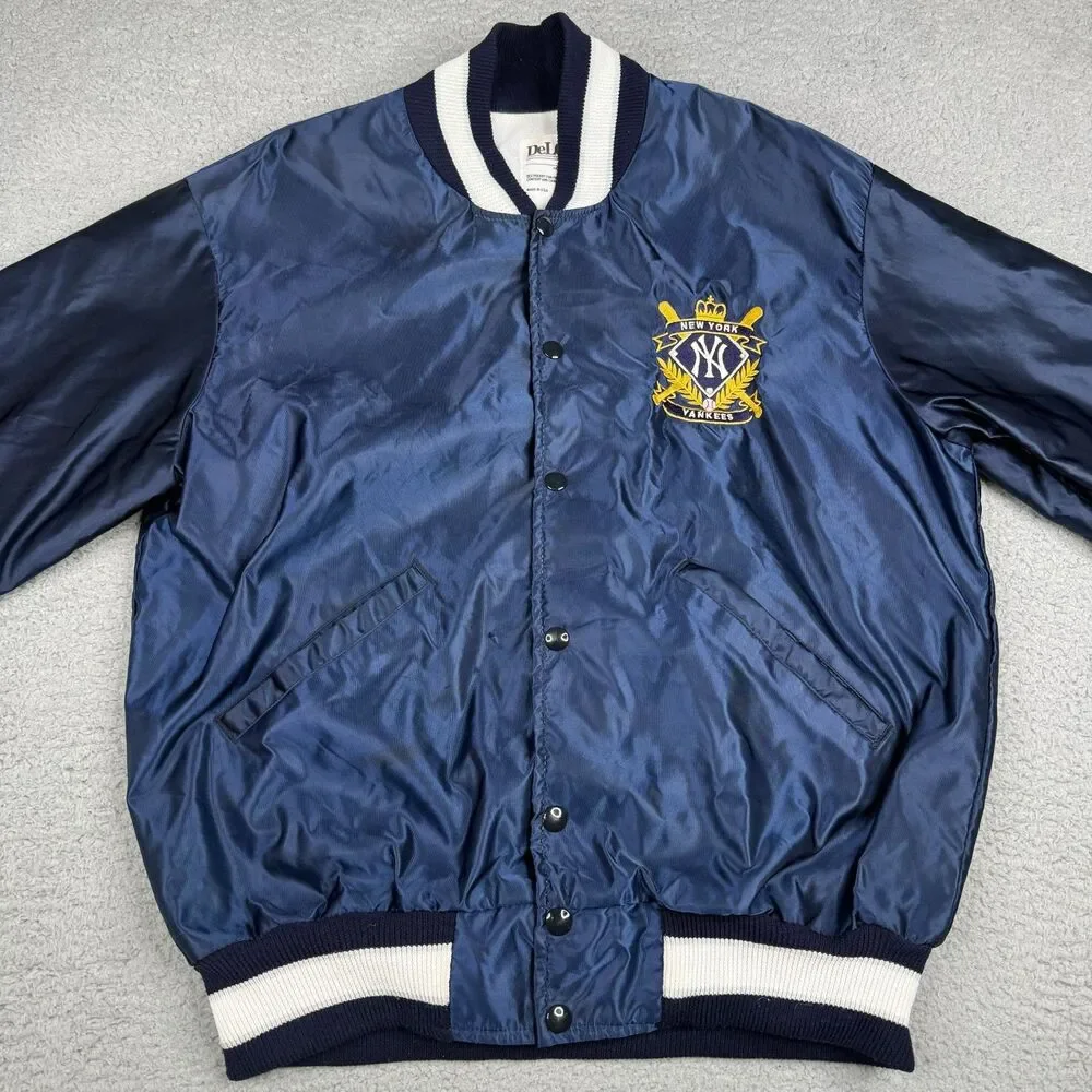 VTG New York Yankees Jacket Mens Large Navy Satin Snap‎ DeLONG USA MLB Baseball
